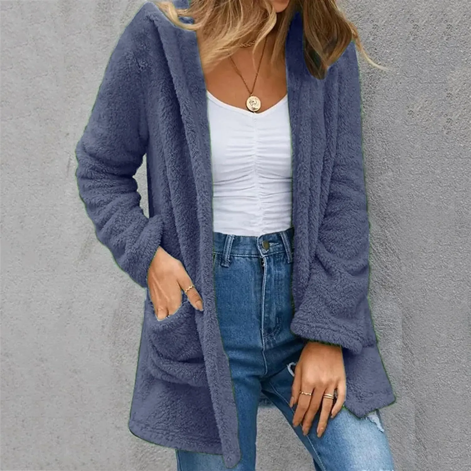 2023 Women's Fleece Coat Winter Warm Oversized Open Front Fuzzy Cardigan Soft Trendy Casual Hooded Draped Jackets with Pocket