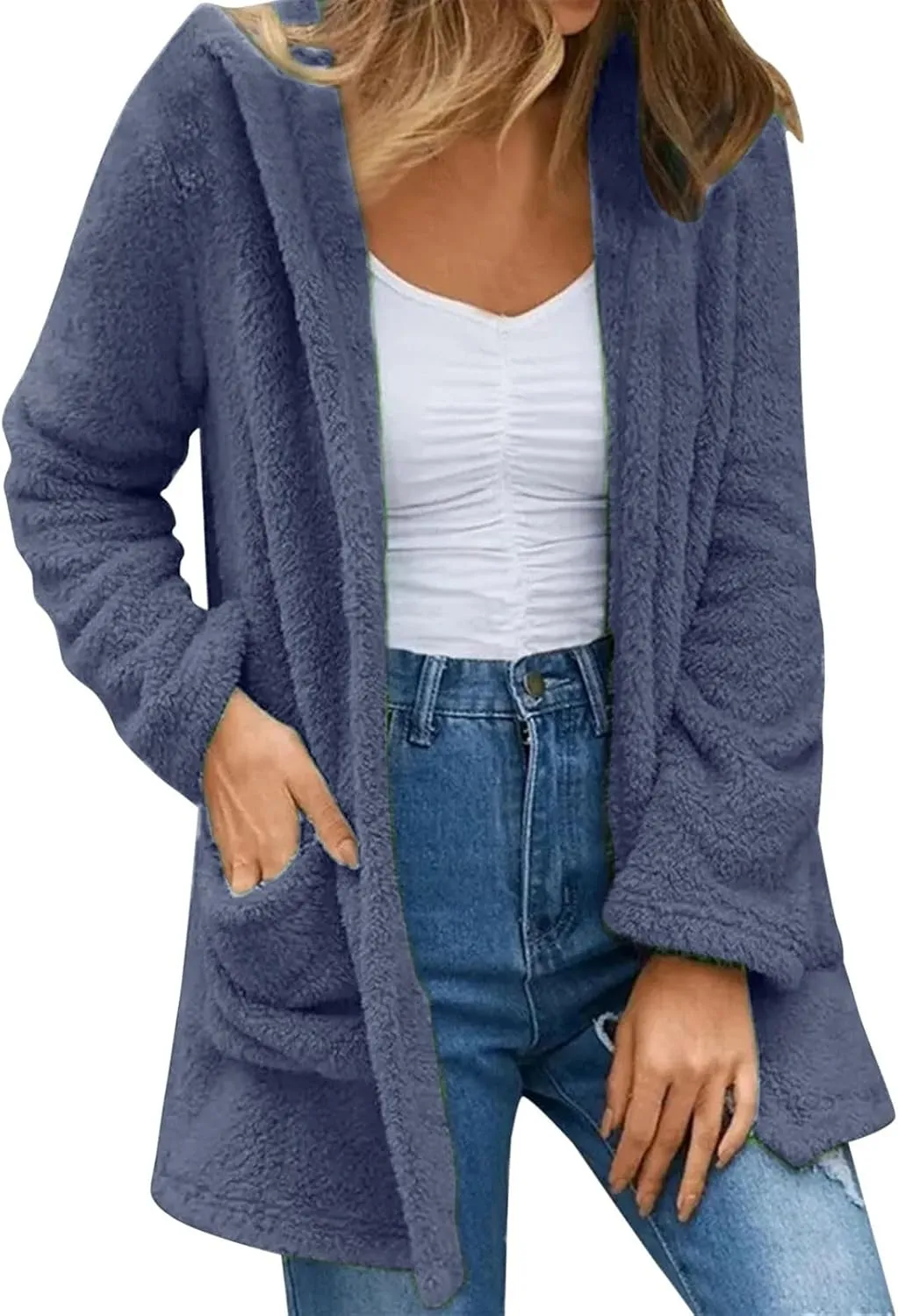 2023 Women's Fleece Coat Winter Warm Oversized Open Front Fuzzy Cardigan Soft Trendy Casual Hooded Draped Jackets with Pocket