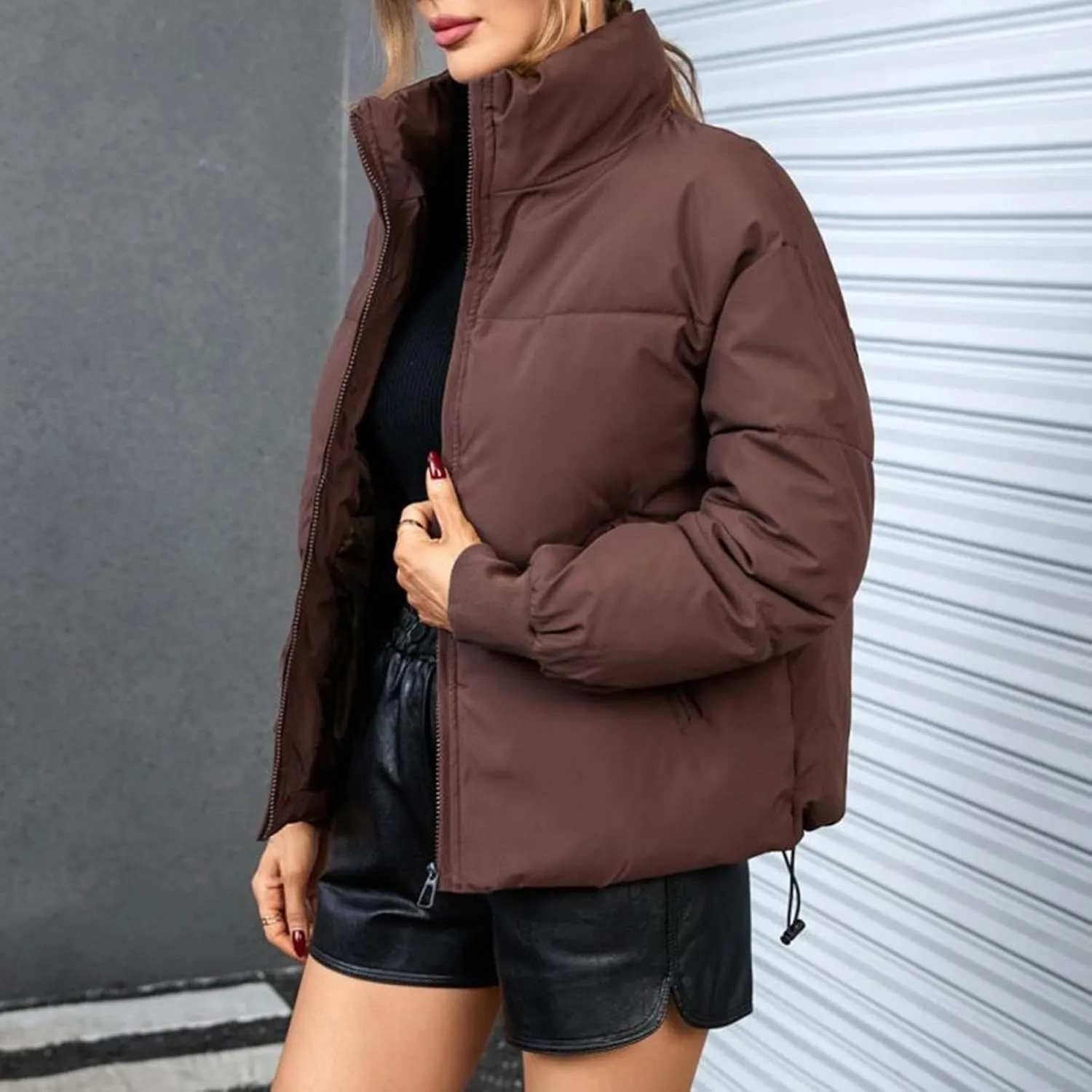 2024 Womens Winter Quilted Jackets Fashion Warm Short Puffer Jacket Trendy Down Coats Long Sleeve Full Zip Petite Outwear