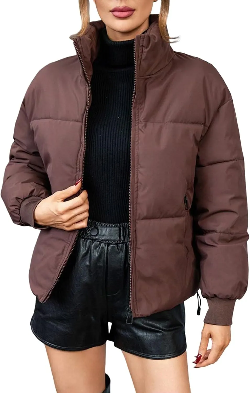 2024 Womens Winter Quilted Jackets Fashion Warm Short Puffer Jacket Trendy Down Coats Long Sleeve Full Zip Petite Outwear