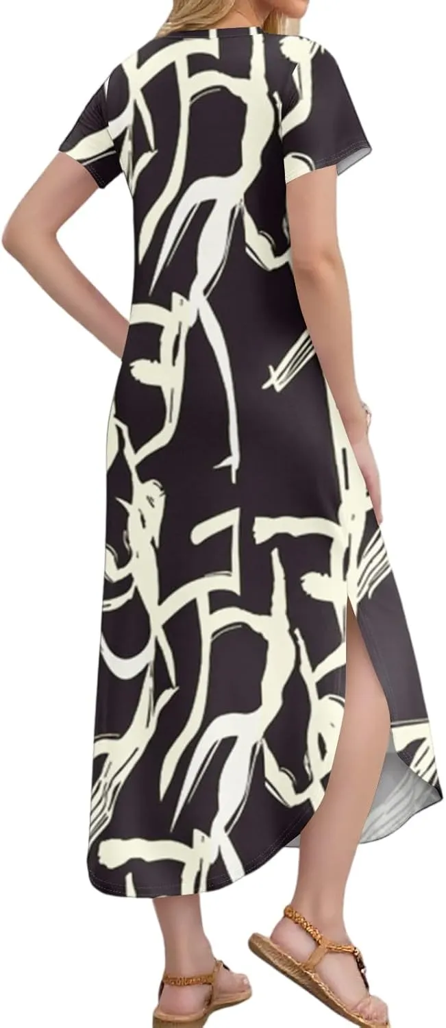 2025 Summer Dresses Women's Short Sleeve Elegant V Neck Sexy Slit Floral Print Beach Vacation Maxi Dress