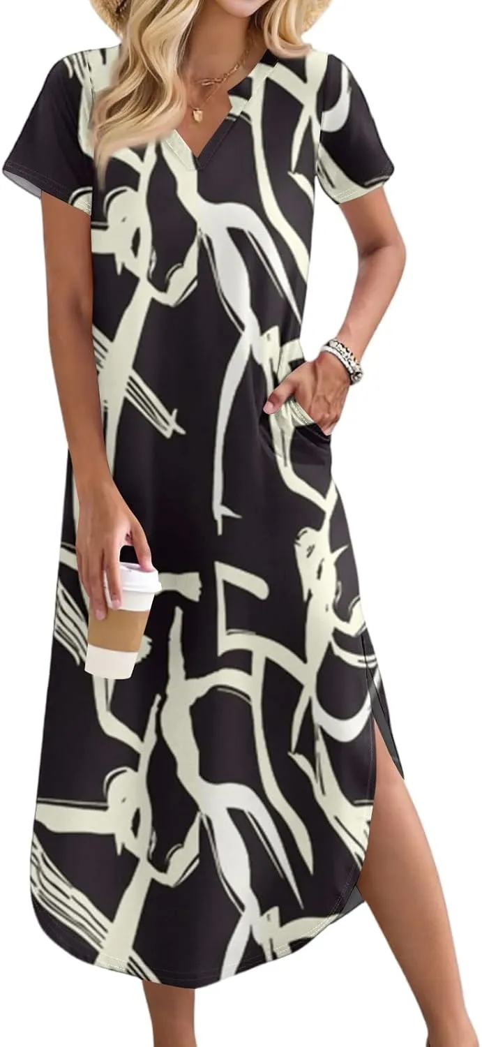 2025 Summer Dresses Women's Short Sleeve Elegant V Neck Sexy Slit Floral Print Beach Vacation Maxi Dress