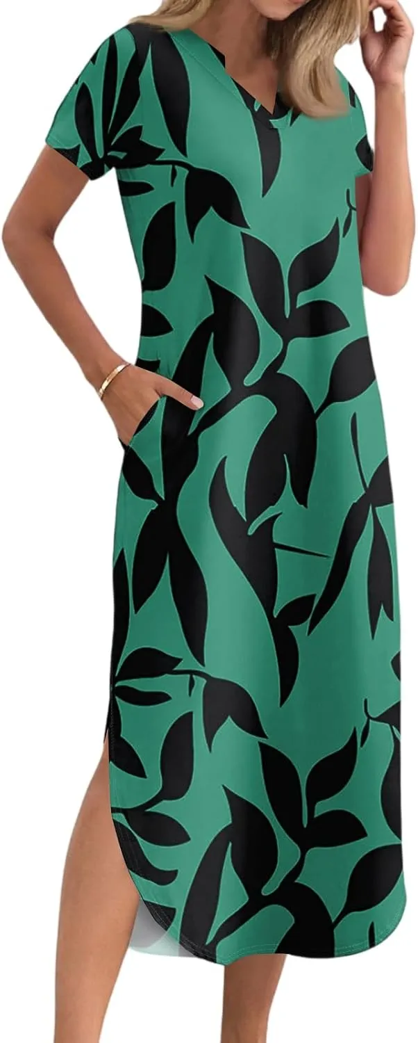 2025 Summer Dresses Women's Short Sleeve Elegant V Neck Sexy Slit Floral Print Beach Vacation Maxi Dress