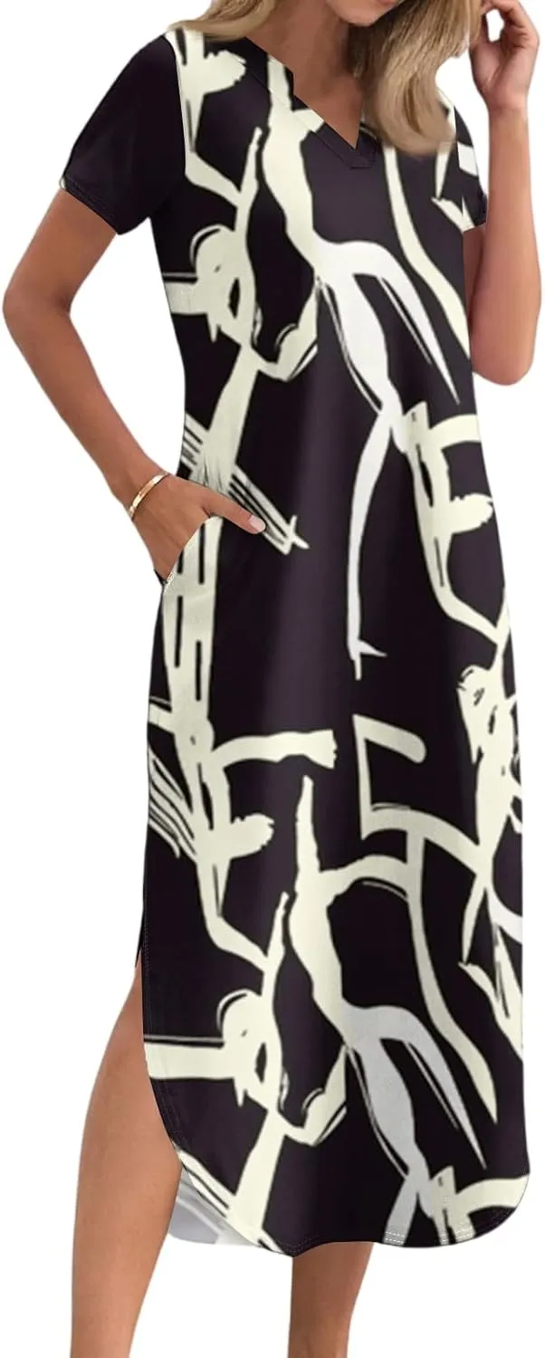 2025 Summer Dresses Women's Short Sleeve Elegant V Neck Sexy Slit Floral Print Beach Vacation Maxi Dress
