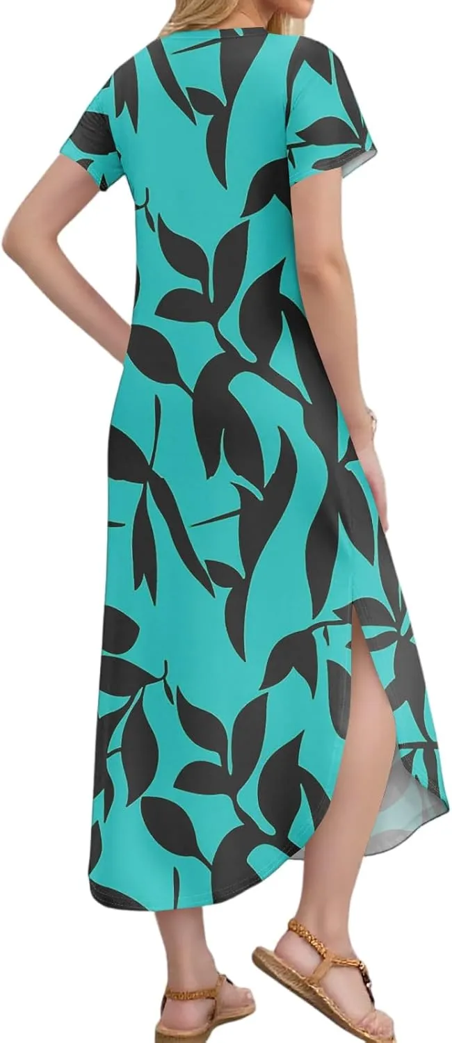 2025 Summer Dresses Women's Short Sleeve Elegant V Neck Sexy Slit Floral Print Beach Vacation Maxi Dress