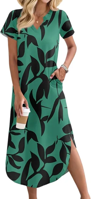 2025 Summer Dresses Women's Short Sleeve Elegant V Neck Sexy Slit Floral Print Beach Vacation Maxi Dress