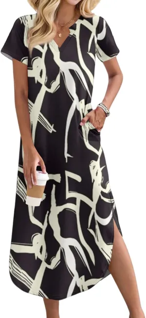 2025 Summer Dresses Women's Short Sleeve Elegant V Neck Sexy Slit Floral Print Beach Vacation Maxi Dress