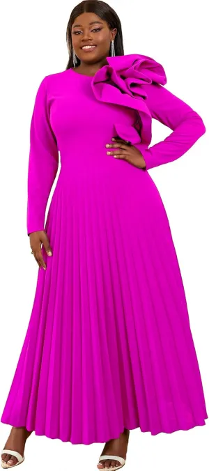 AOMEI Women's Long Sleeve with Asymmetrical Ruffles Pleated A-Line Maxi Dress