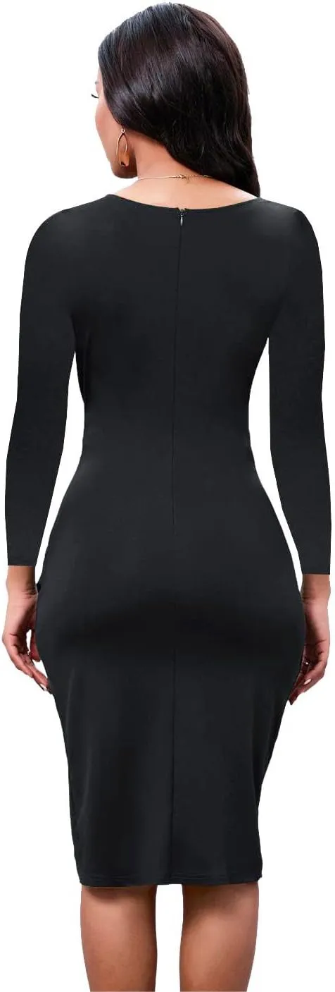 Bodycon Midi Dress Cocktail Party Long Sleeve Wrap V Neck Work Ruched Sheath Wedding Guest Dresses Elegant