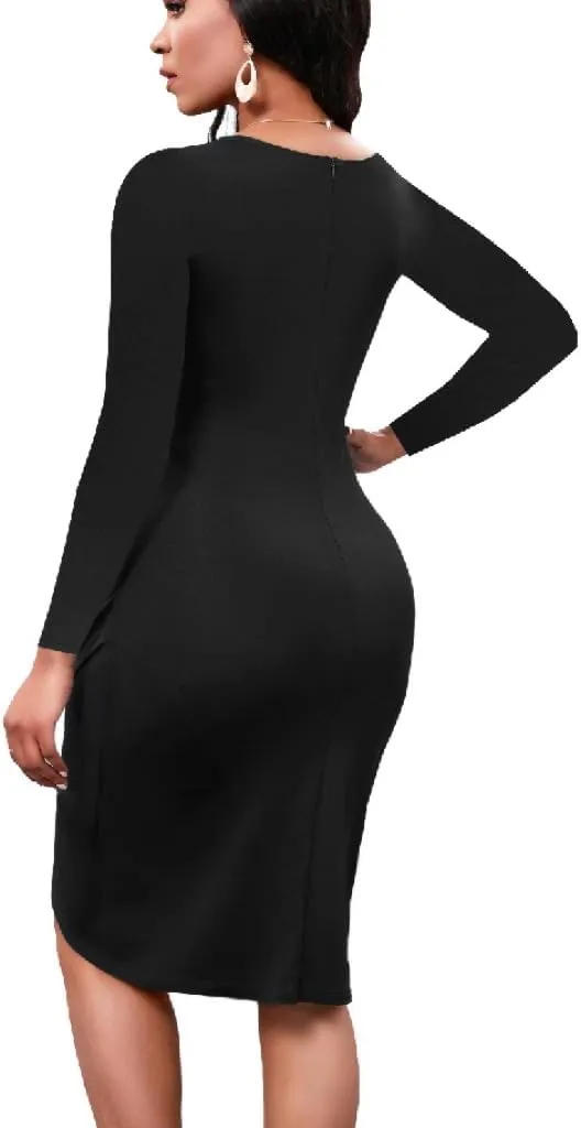 Bodycon Midi Dress Cocktail Party Long Sleeve Wrap V Neck Work Ruched Sheath Wedding Guest Dresses Elegant