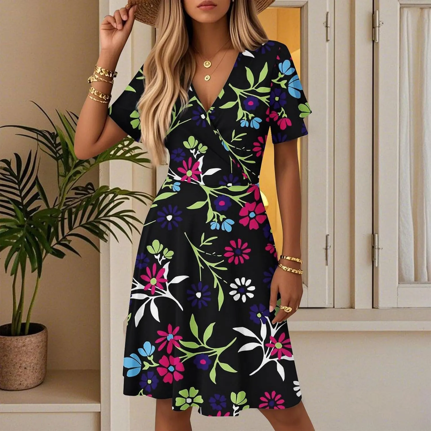 Boho Floral Knee Length Summer Sundresses for Women, V-Neck Short Sleeve High Waist Loose Fit Casual Beach Dress