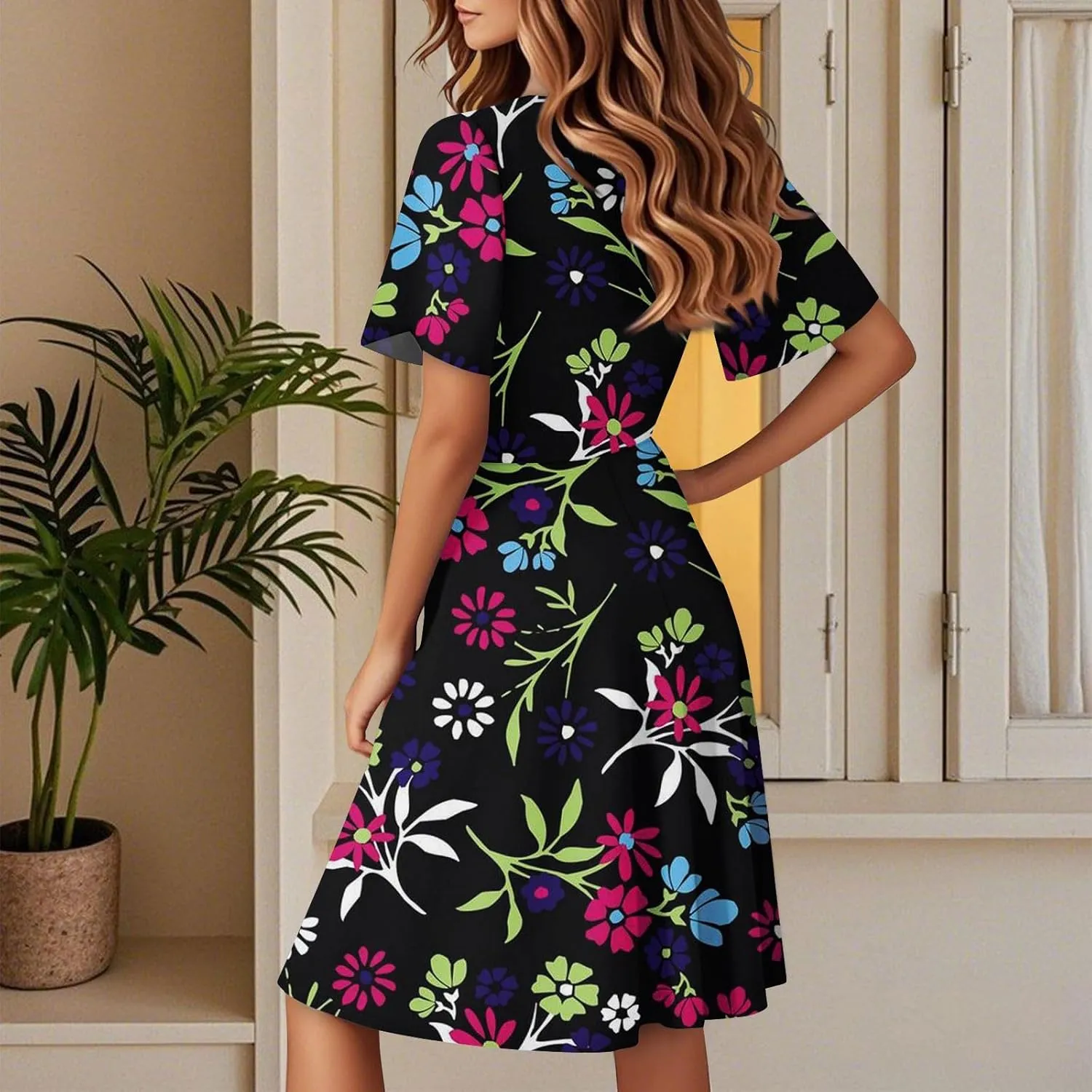 Boho Floral Knee Length Summer Sundresses for Women, V-Neck Short Sleeve High Waist Loose Fit Casual Beach Dress
