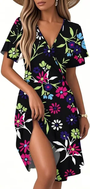 Boho Floral Knee Length Summer Sundresses for Women, V-Neck Short Sleeve High Waist Loose Fit Casual Beach Dress