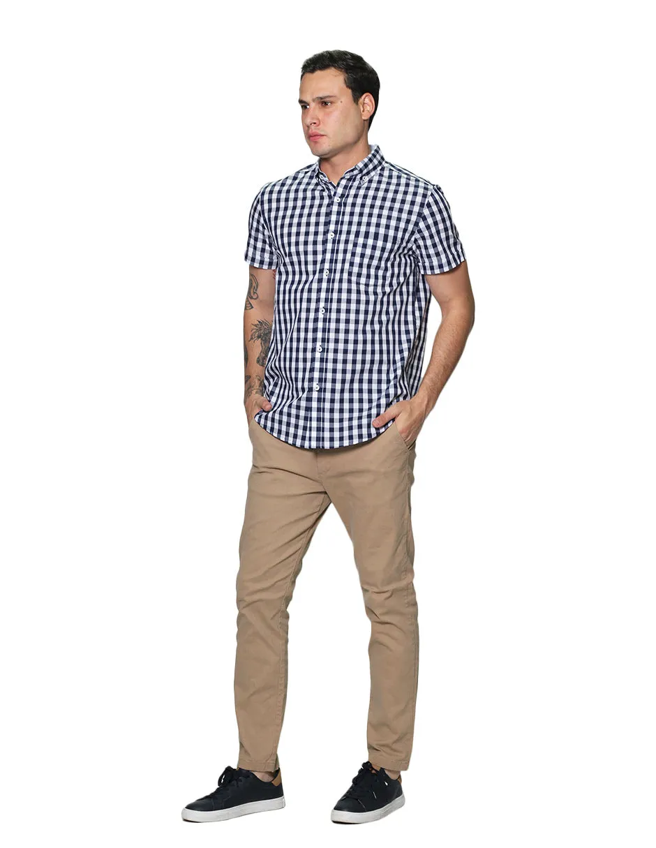 Camisas Hombre Manga Corta Cuadros Regular Fit B31269 Blanco
