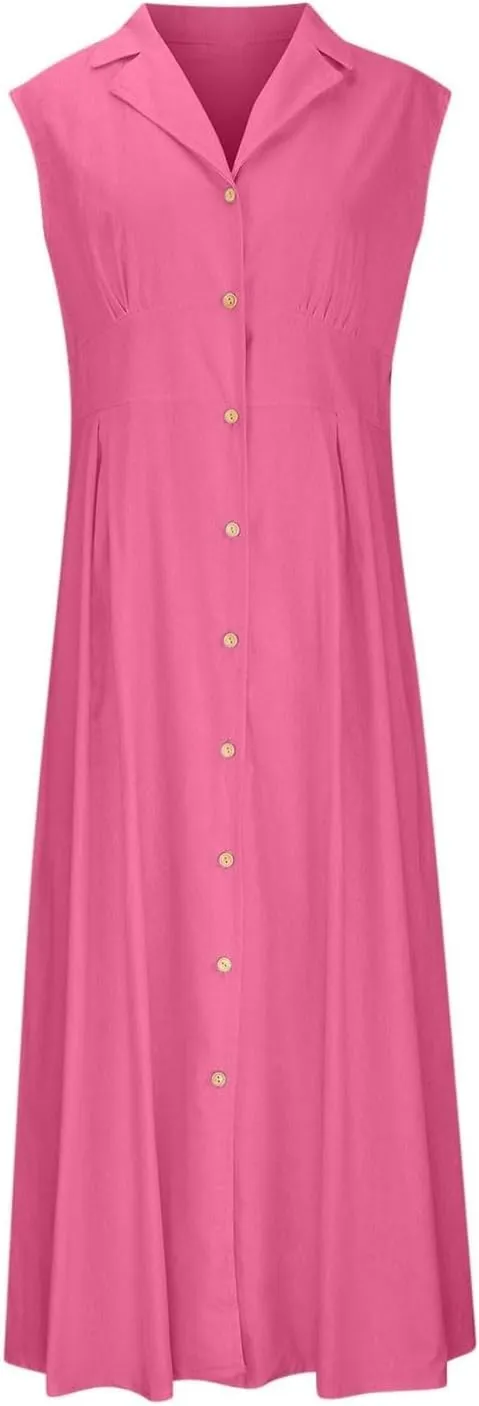Cotton Linen Dresses for Women 2025 Lightweight Sleeveless Button Down Dresses Summer Drop Waist Work Dress