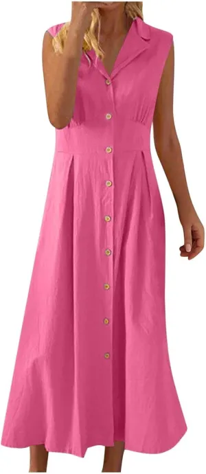 Cotton Linen Dresses for Women 2025 Lightweight Sleeveless Button Down Dresses Summer Drop Waist Work Dress