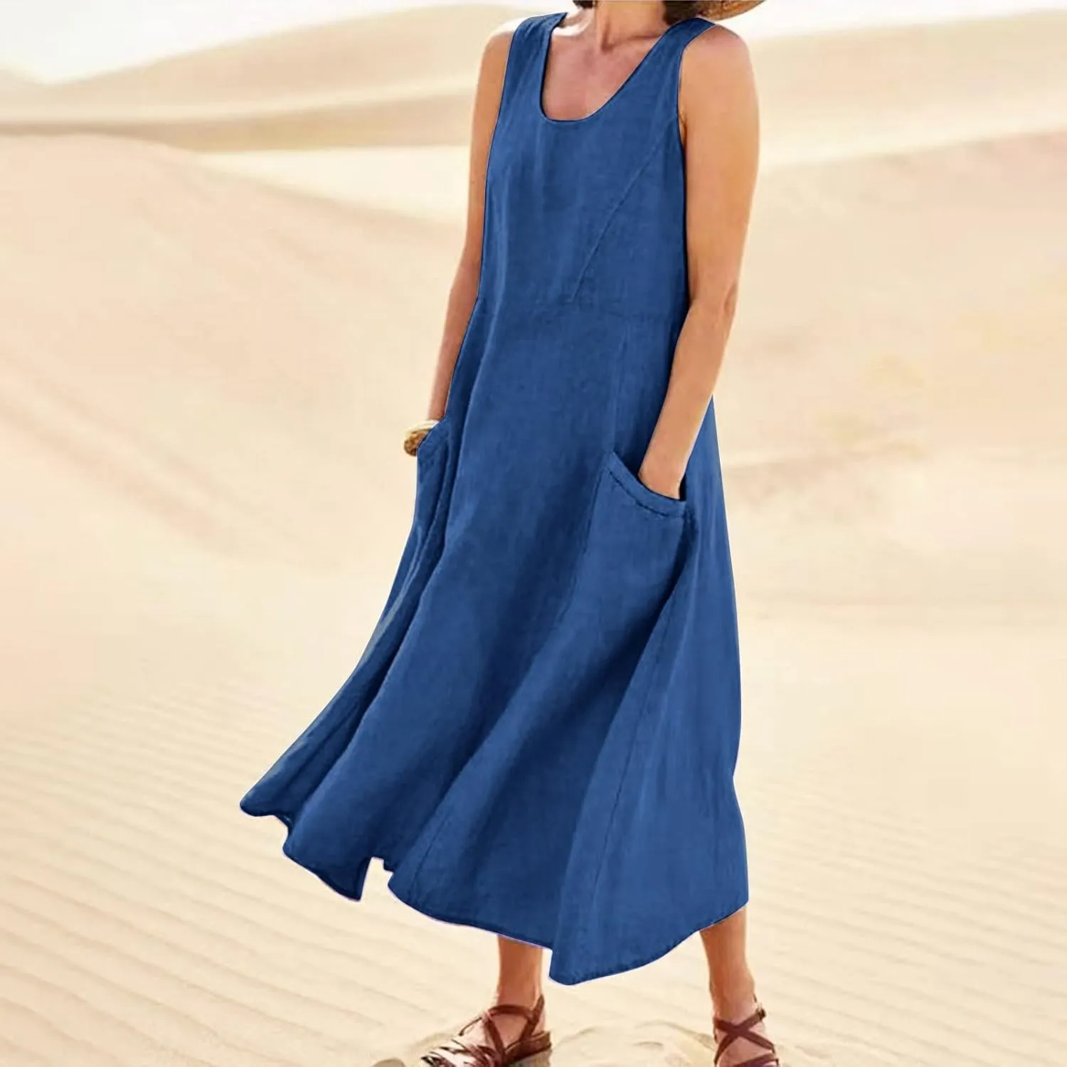 Cotton Linen Dresses for Women 2025,Plus Size Sleeveless Casual Loose Fit Comfy Vacation Beach Sundresses with Pockets