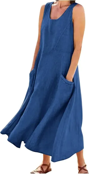 Cotton Linen Dresses for Women 2025,Plus Size Sleeveless Casual Loose Fit Comfy Vacation Beach Sundresses with Pockets