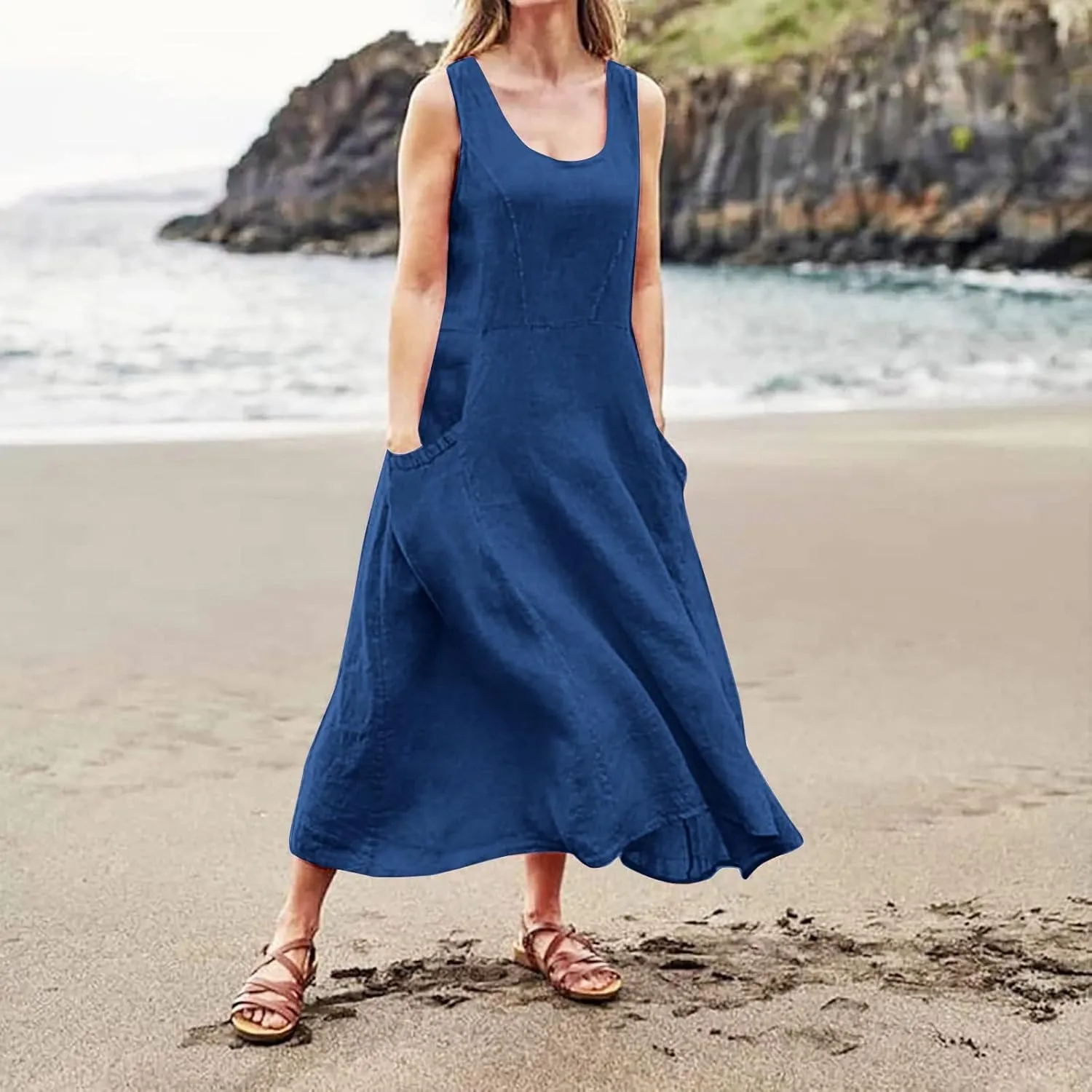 Cotton Linen Dresses for Women 2025,Plus Size Sleeveless Casual Loose Fit Comfy Vacation Beach Sundresses with Pockets