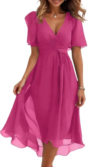 Dresses for Women 2025 Elegant Classy Boho Floral V Neck Belted Summer Sundress Wedding Guest Prom Cocktail Midi Dress