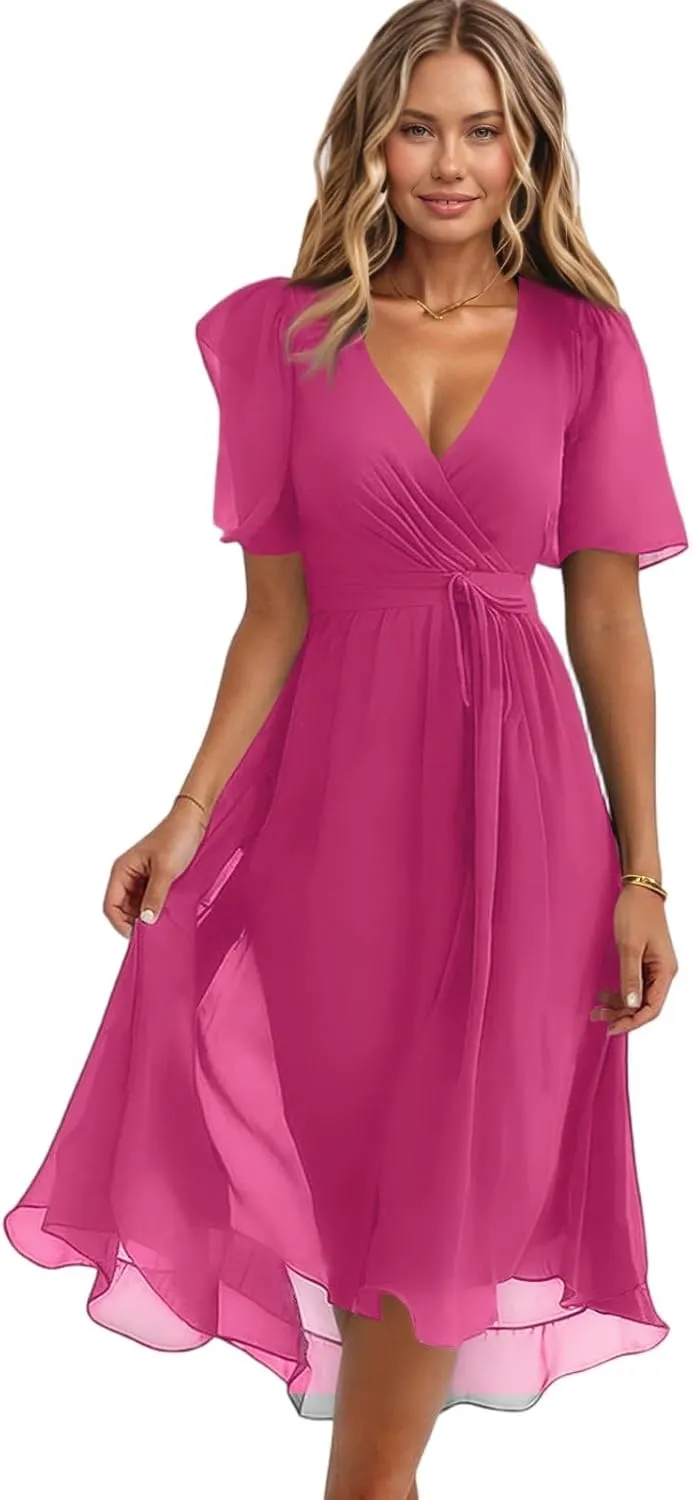 Dresses for Women 2025 Elegant Classy Boho Floral V Neck Belted Summer Sundress Wedding Guest Prom Cocktail Midi Dress