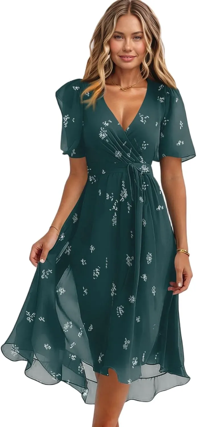 Dresses for Women 2025 Elegant Classy Boho Floral V Neck Belted Summer Sundress Wedding Guest Prom Cocktail Midi Dress