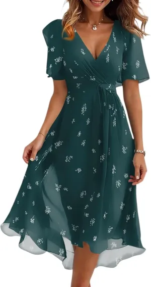 Dresses for Women 2025 Elegant Classy Boho Floral V Neck Belted Summer Sundress Wedding Guest Prom Cocktail Midi Dress