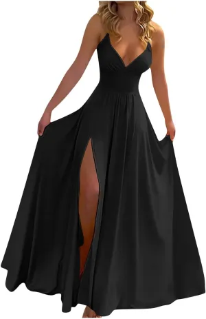 Dresses for Women Sexy Low Cut Wrap V Neck Tie Up Backless Pleated Maxi Dress Side Split Cocktail Wedding Party Gowns