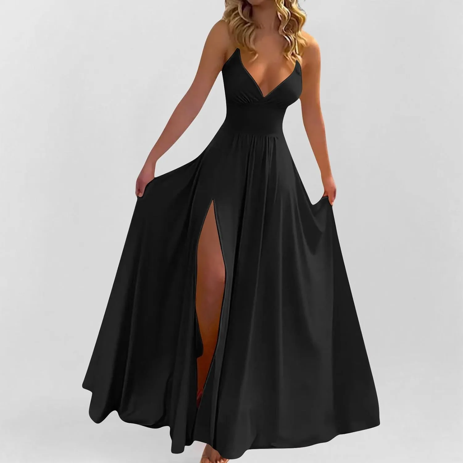 Dresses for Women Sexy Low Cut Wrap V Neck Tie Up Backless Pleated Maxi Dress Side Split Cocktail Wedding Party Gowns