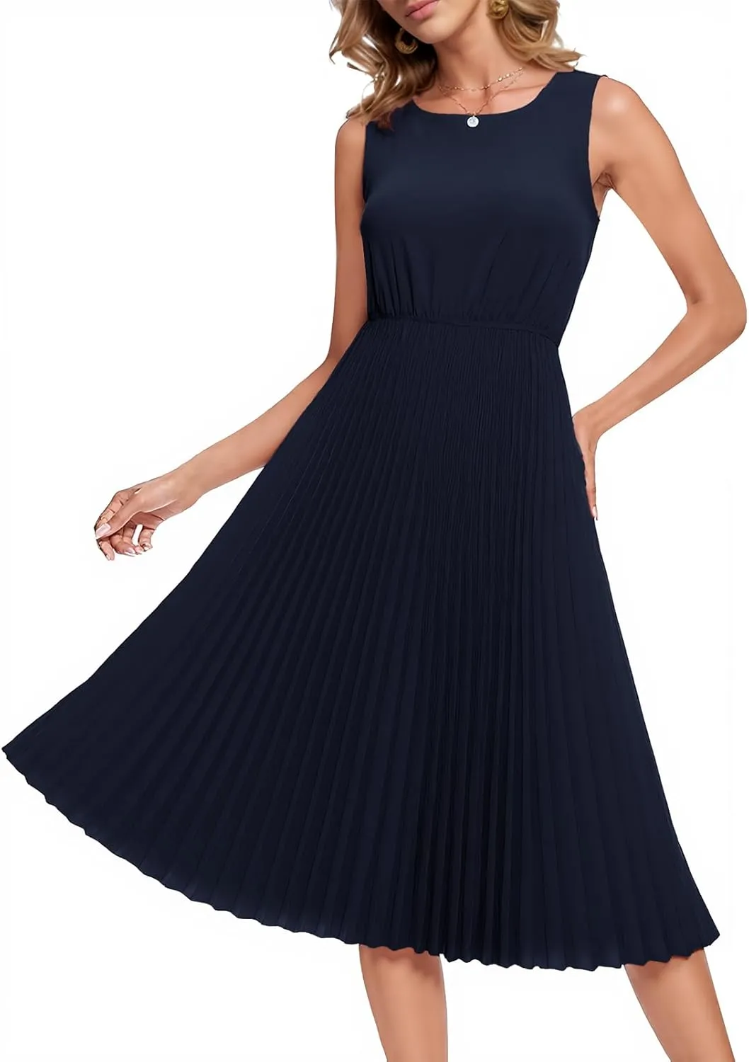 DRESSTELLS Women's Summer Sleeveless Midi Pleated Cocktail Dress for Wedding Guest Casual&Business Work