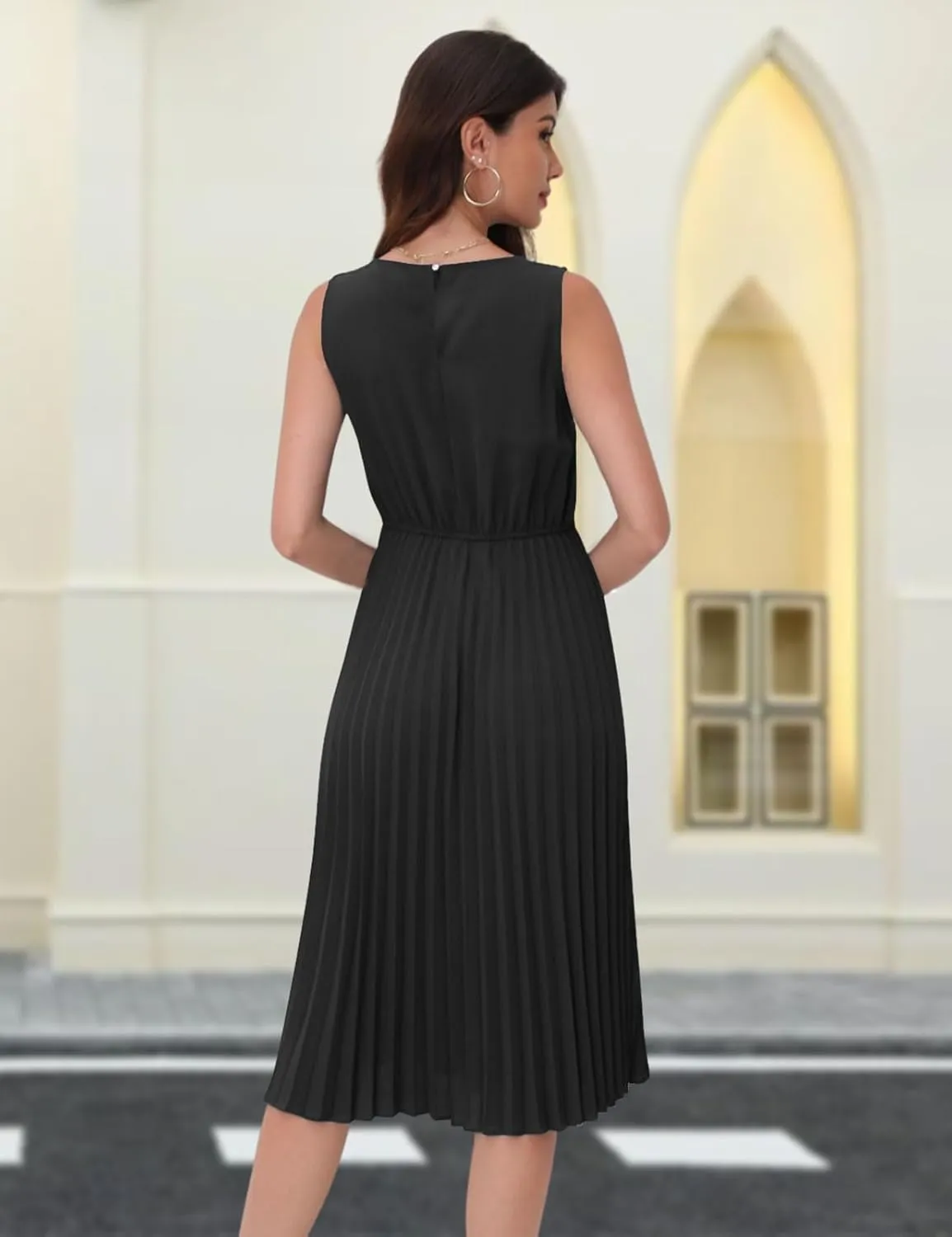 DRESSTELLS Women's Summer Sleeveless Midi Pleated Cocktail Dress for Wedding Guest Casual&Business Work