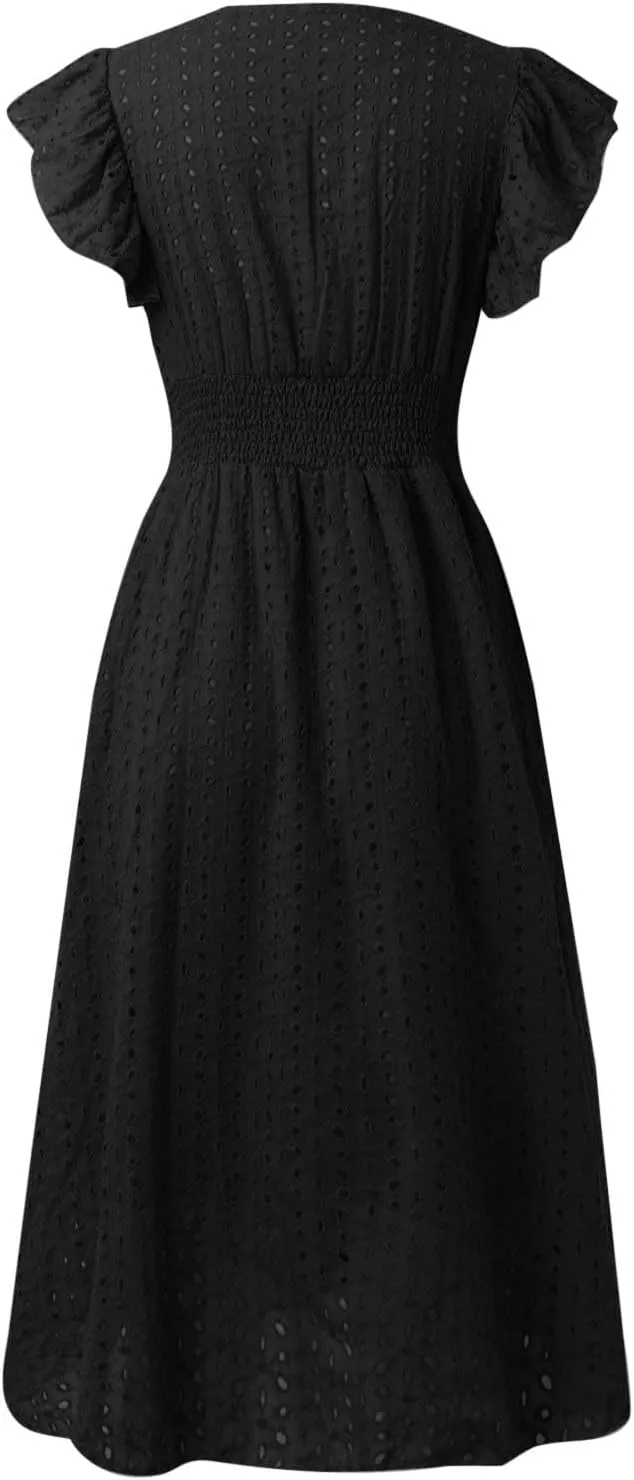 Eyelet Dress for Women Warp V Neck Ruffle Sleeve Lace Hollow Out Cinched Waist Solid Color Summer Beach Dresses