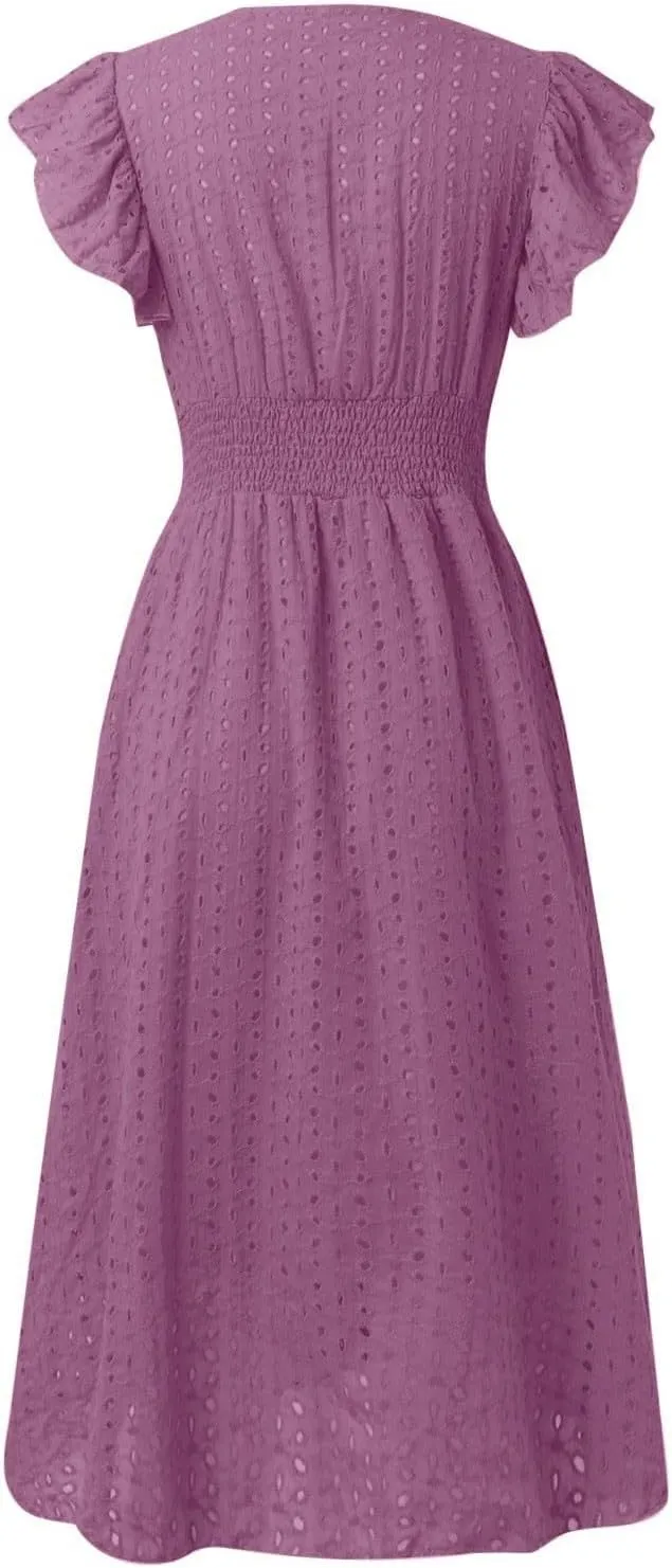 Eyelet Dress for Women Warp V Neck Ruffle Sleeve Lace Hollow Out Cinched Waist Solid Color Summer Beach Dresses