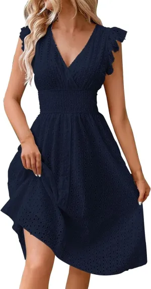 Eyelet Dress for Women Warp V Neck Ruffle Sleeve Lace Hollow Out Cinched Waist Solid Color Summer Beach Dresses
