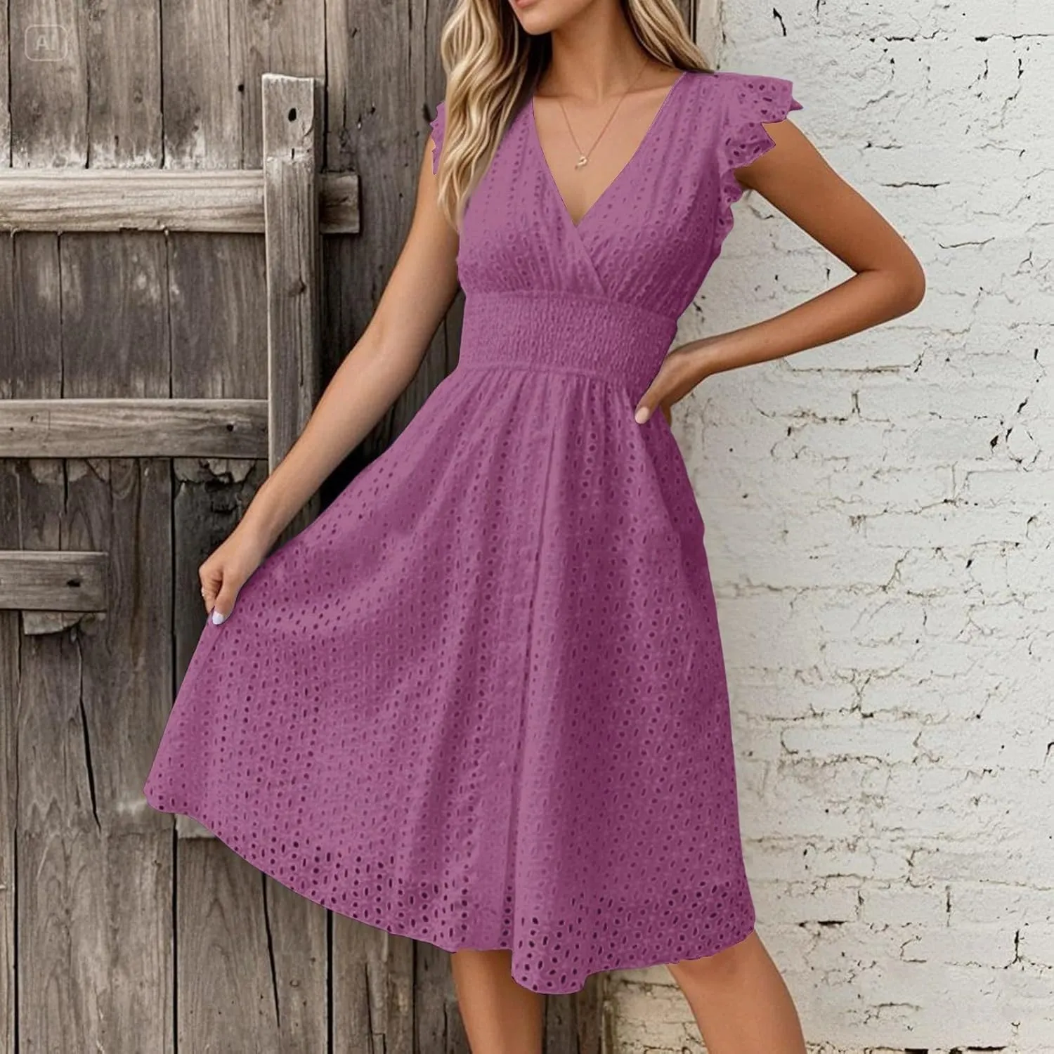Eyelet Dress for Women Warp V Neck Ruffle Sleeve Lace Hollow Out Cinched Waist Solid Color Summer Beach Dresses