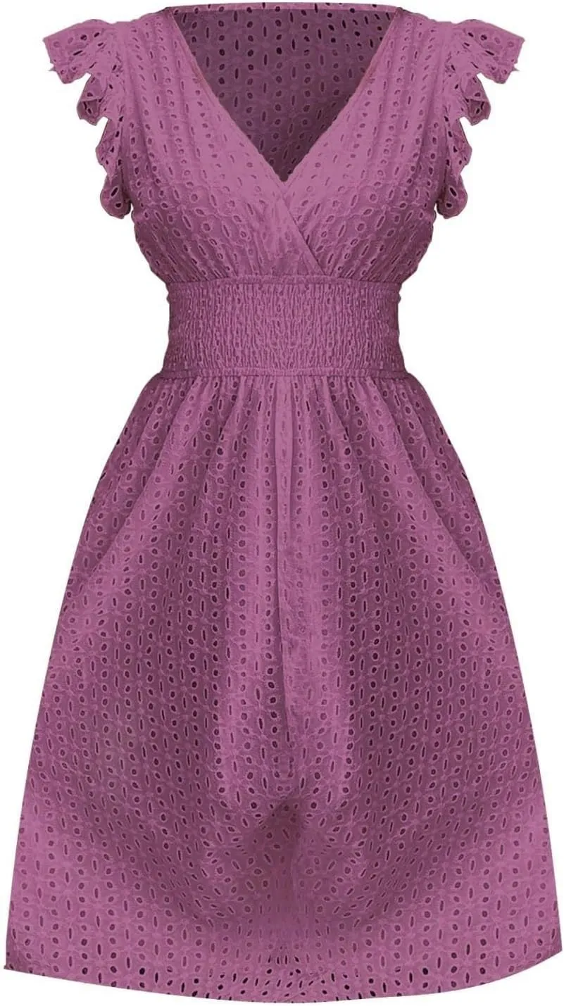 Eyelet Dress for Women Warp V Neck Ruffle Sleeve Lace Hollow Out Cinched Waist Solid Color Summer Beach Dresses