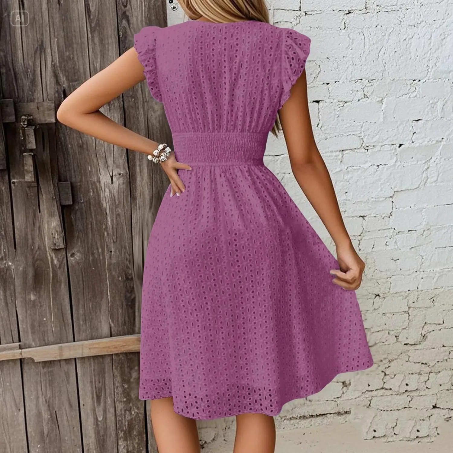 Eyelet Dress for Women Warp V Neck Ruffle Sleeve Lace Hollow Out Cinched Waist Solid Color Summer Beach Dresses