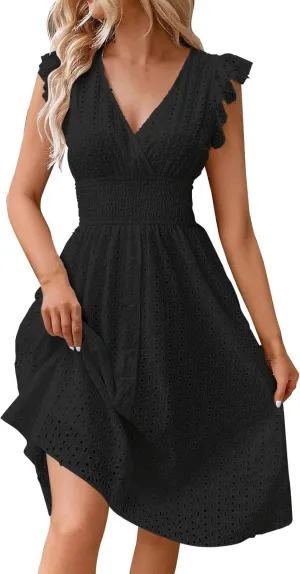 Eyelet Dress for Women Warp V Neck Ruffle Sleeve Lace Hollow Out Cinched Waist Solid Color Summer Beach Dresses