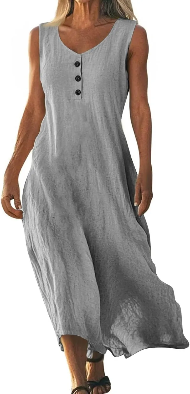 FlekmanArt Summer Cotton Linen Long Dress for Women 2025 Sleeveless Boho Flowy Dresses Plus Size Button V Neck Comfy Dress