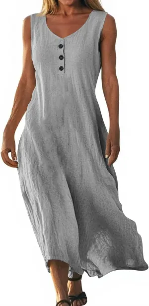 FlekmanArt Summer Cotton Linen Long Dress for Women 2025 Sleeveless Boho Flowy Dresses Plus Size Button V Neck Comfy Dress
