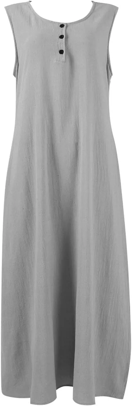 FlekmanArt Summer Cotton Linen Long Dress for Women 2025 Sleeveless Boho Flowy Dresses Plus Size Button V Neck Comfy Dress