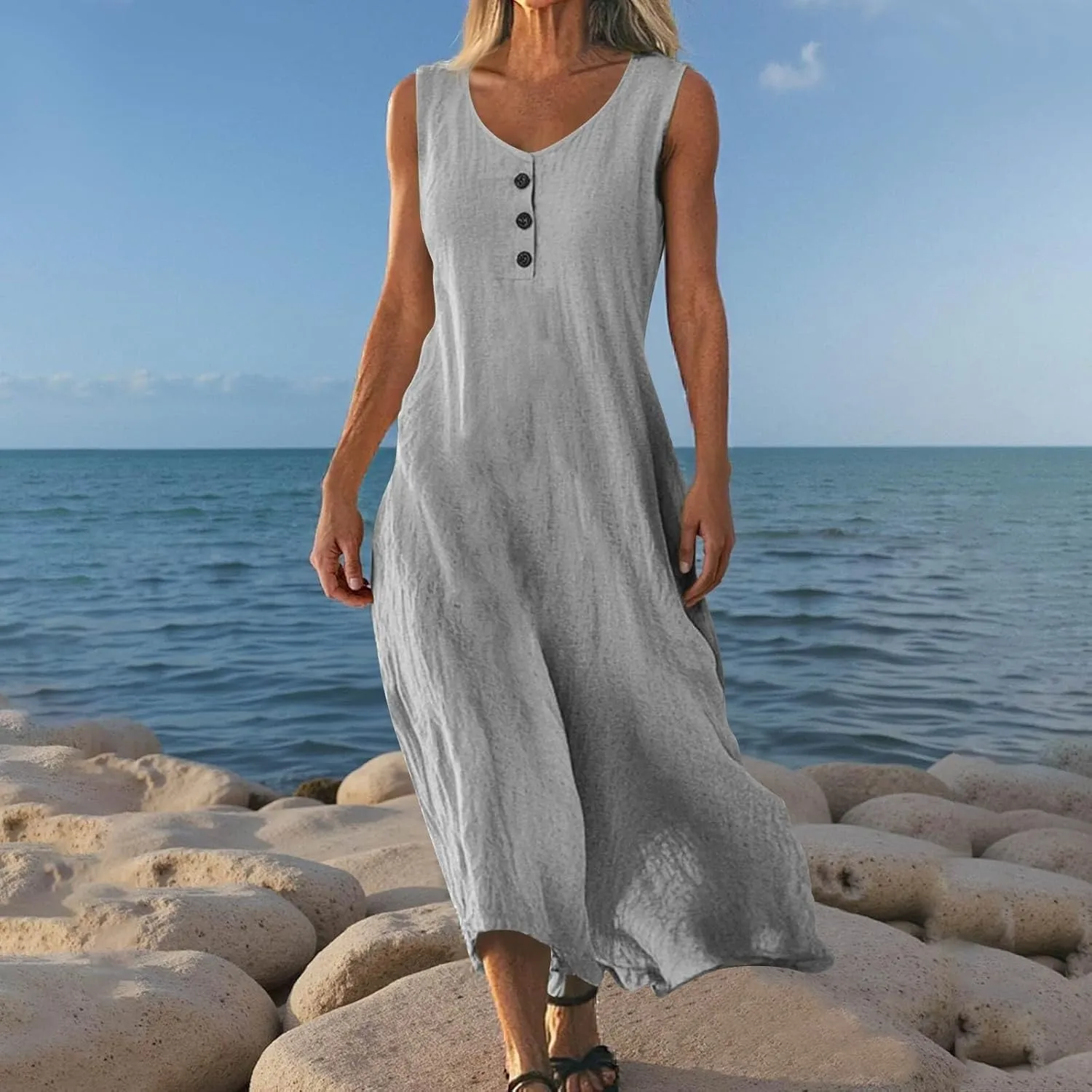 FlekmanArt Summer Cotton Linen Long Dress for Women 2025 Sleeveless Boho Flowy Dresses Plus Size Button V Neck Comfy Dress