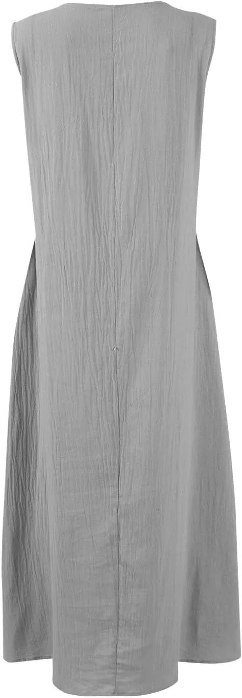 FlekmanArt Summer Cotton Linen Long Dress for Women 2025 Sleeveless Boho Flowy Dresses Plus Size Button V Neck Comfy Dress