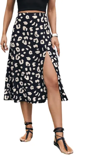Floerns Women's Boho Floral High Waist Split A Line Midi Skirt