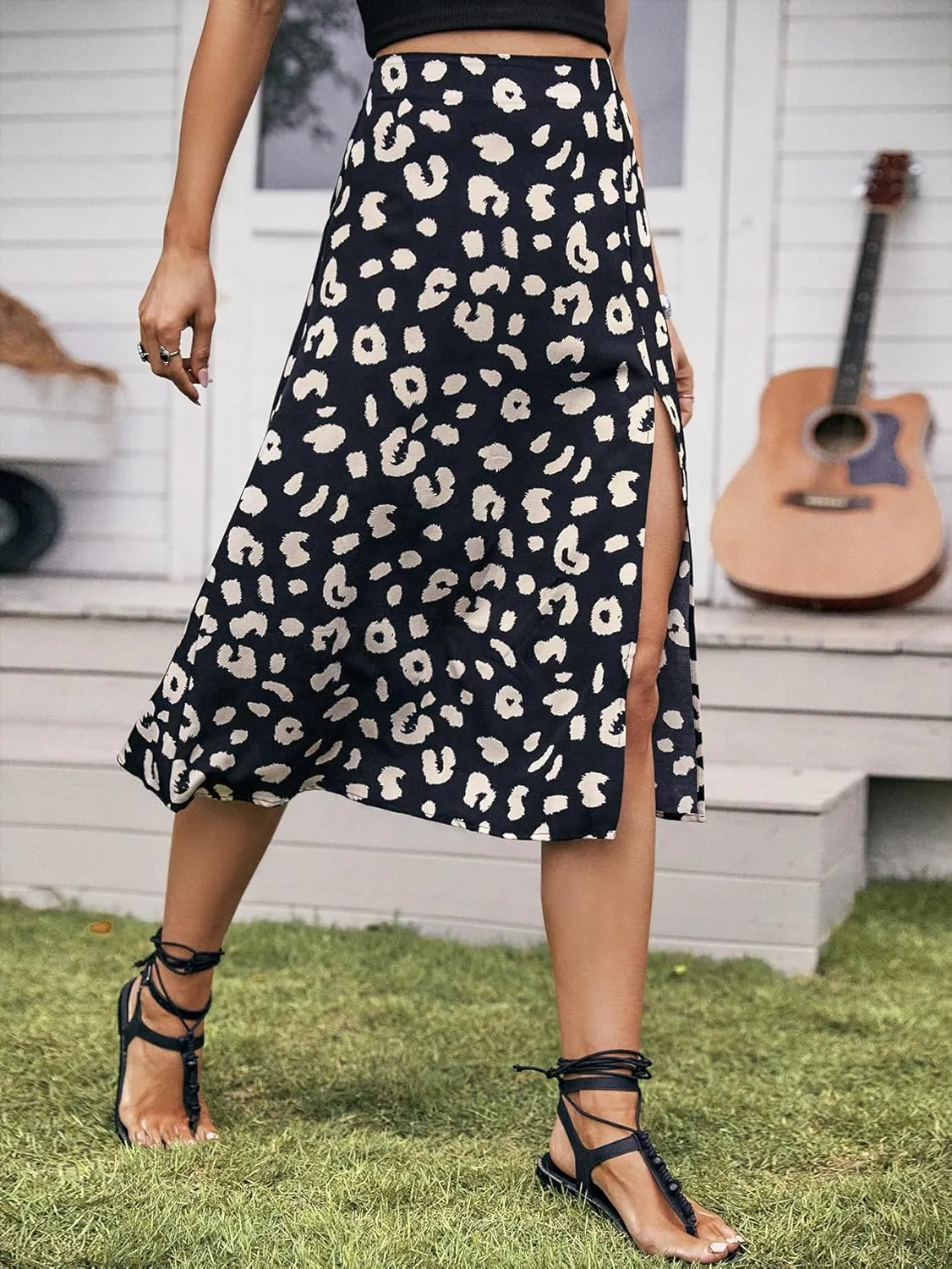 Floerns Women's Boho Floral High Waist Split A Line Midi Skirt