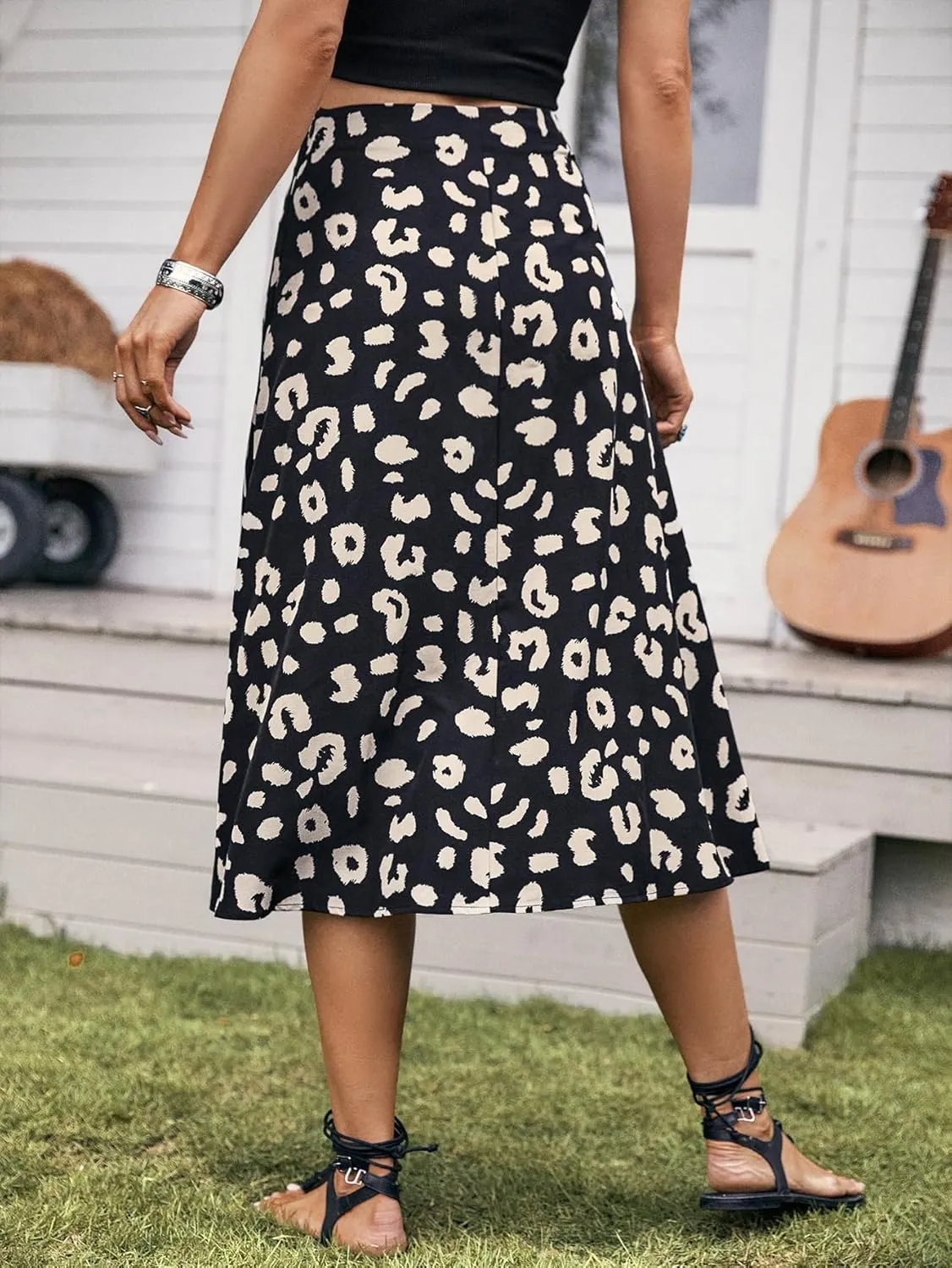 Floerns Women's Boho Floral High Waist Split A Line Midi Skirt