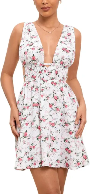 Floerns Women's Cut Out Backless Sleeveless Shirred Floral A Line Short Dress