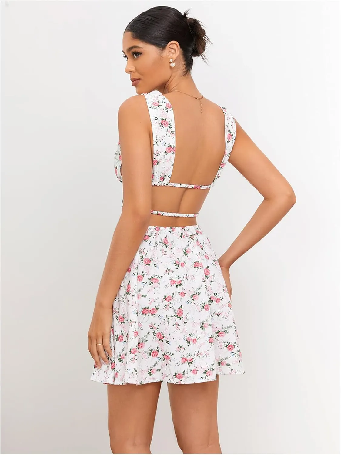 Floerns Women's Cut Out Backless Sleeveless Shirred Floral A Line Short Dress