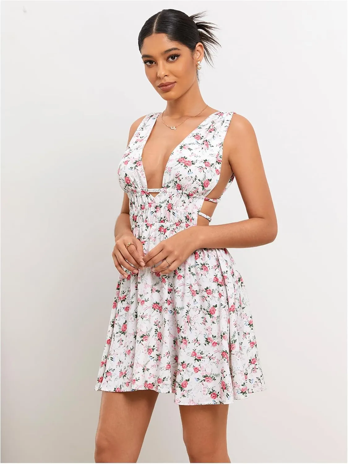 Floerns Women's Cut Out Backless Sleeveless Shirred Floral A Line Short Dress