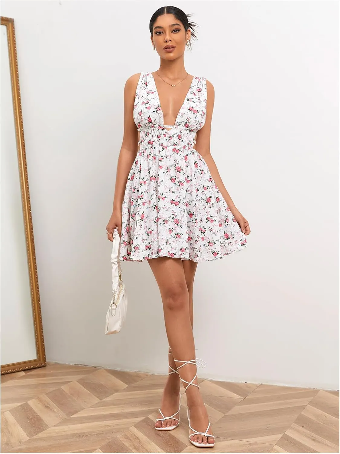 Floerns Women's Cut Out Backless Sleeveless Shirred Floral A Line Short Dress